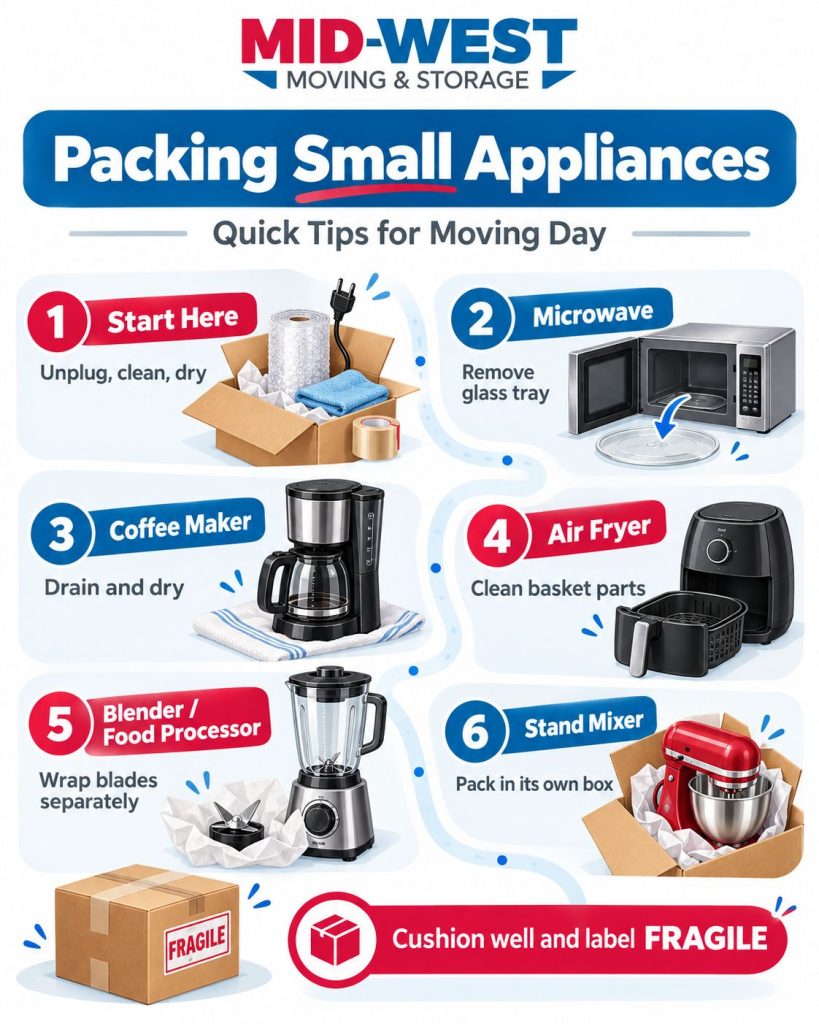 Infographic from Mid-West Moving & Storage showing how to pack small appliances Infographic from Mid-West Moving & Storage showing how to pack small appliances