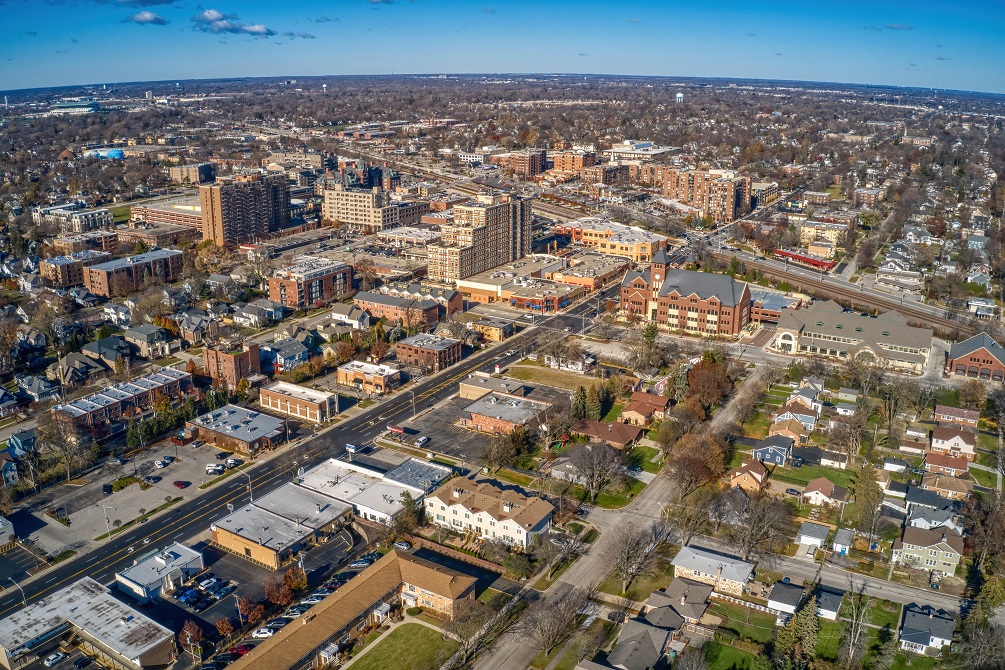 Aerial View of the Chicago Suburb of Arlington Heights in Autumn