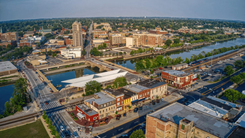 Aerial View of Chicago Suburb of Elgin, Illinois in Summer